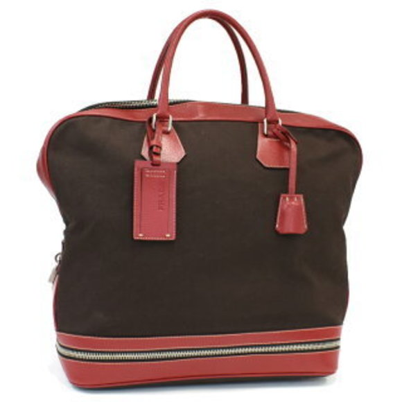 Prada Boston Bag Travel Handbag Triangle Brown Red - Picture 1 of 8